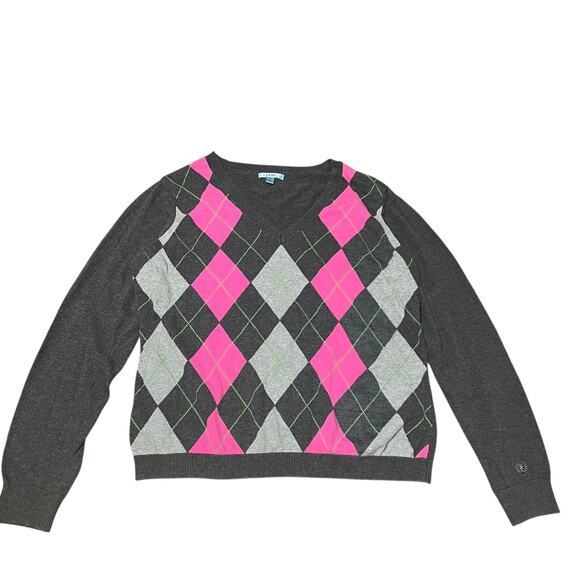 Izod Gray Pink and Green Argyle Sweater Size XL - Picture 1 of 5